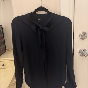Navy Self-Tie Long Sleeve Blouse